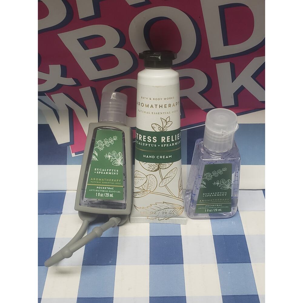 BBW Aromatherapy Stress Relief Hand Cream & 2 Refills ++ Gray Pocket Bac Holder